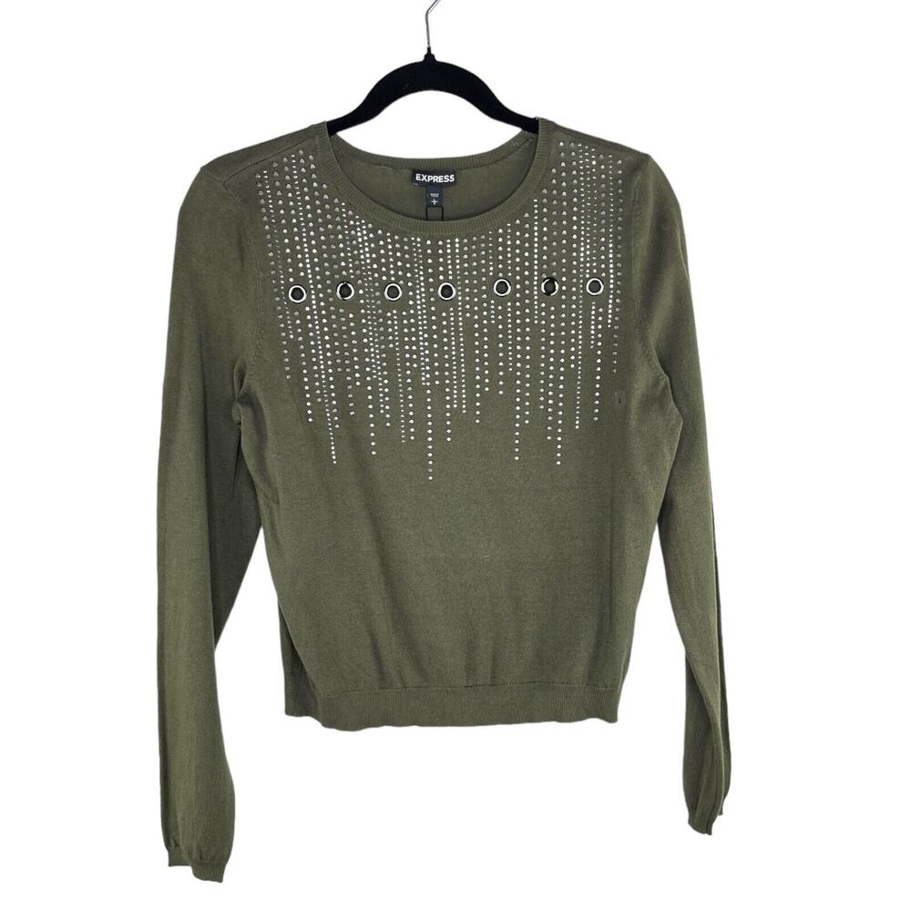 Express Womens Sz LG Olive Green Long‎ Sleeve Metallic Accent Cutout Sweater NWT